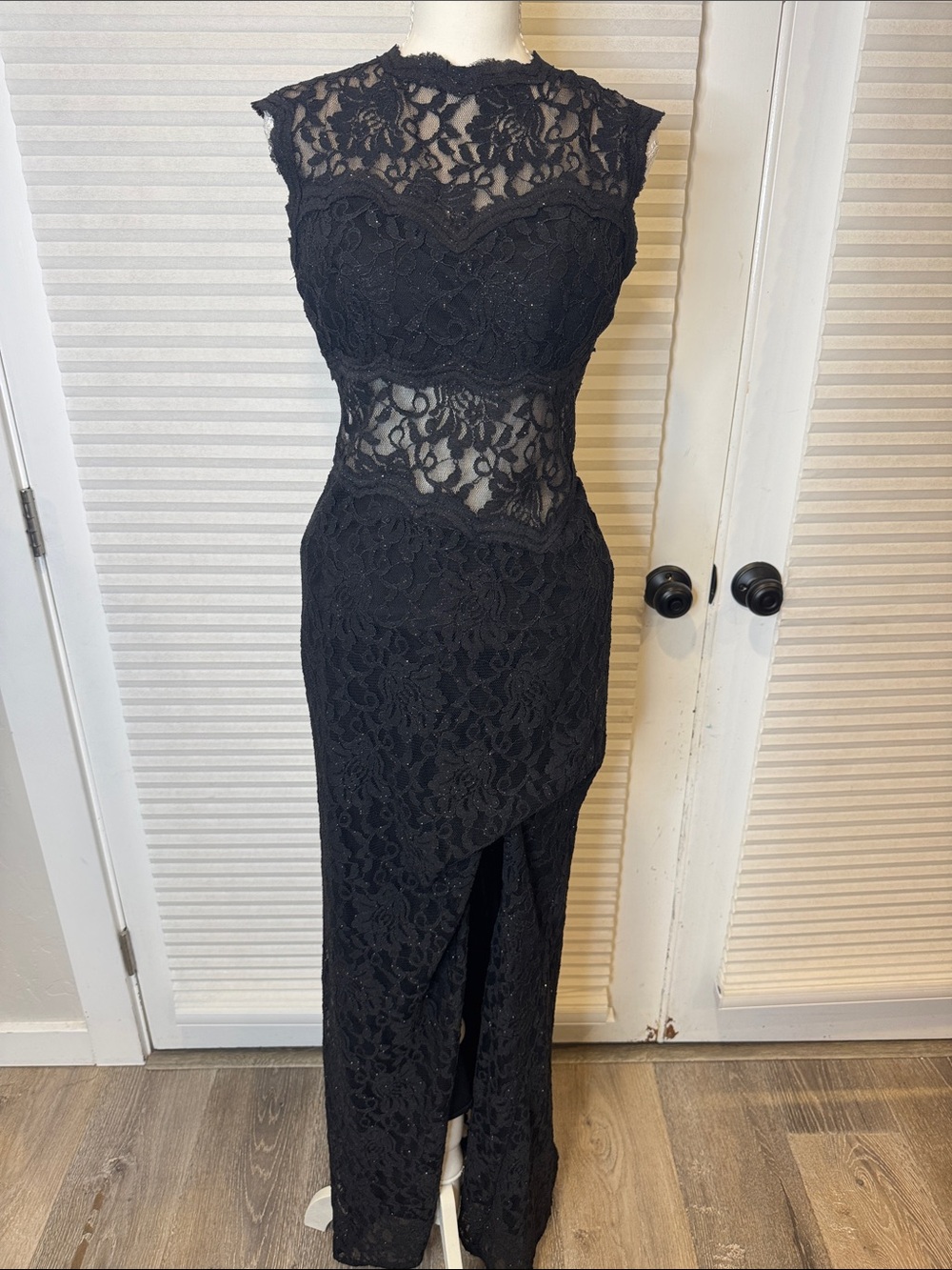 Xscape Black Lace Maxi Dress with Sheer Insets RG